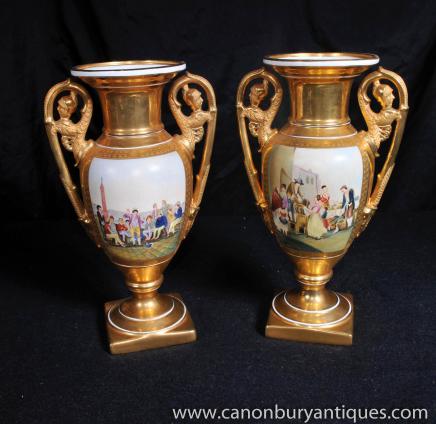 Pair French Limoges Porcelain Vases Urns Amphora Urn